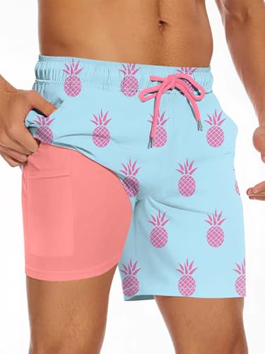TENGINE 7 Inch Mens Swim Trunks with Compression Liner Stretch Beach Shorts Pockets Mens Swim Shorts Blue-Pineapple