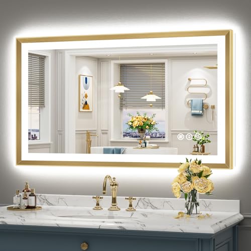 Image of 48x28 Gold Beveled LED Bathroom Mirror Backlit & Front Lit Anti-Fog | Brushed Gold Framed, Anti-Fog Lighted Vanity Mirror, Dimmable, 3-Color Light, Memory, CRI95, HD Tempered Glass, UL Listed