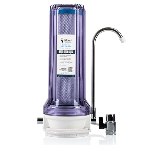 iFilters CNTP-1C Countertop Drinking Water Filtration System with NSF 0.5 Micron Coconut Carbon Filter & Faucet Adapter | Reduces Chlorine, VOCs, Cysts, Pesticides, Bad Taste, Odor & Organic Chemicals