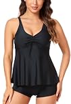 OAMENXI Tankini Sets Swimsuits for Women Two Piece Flowy Swimwear with Shorts V Neck Tummy Control Bathing Suits (Black,XL)