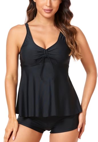 OAMENXI Tankinis Traje de baño de Dos Piezas para Mujer Acolchado Bandeau Swimsuit Conjunto de con Estampado de Moda Boyshort (Black,L)