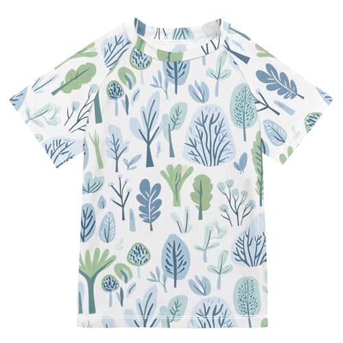 ALAZA Boys Swim Shirt Short Sleeve Rash Guard for Boys Girls UPF 50+ Blue Green Tree Print 9-10T