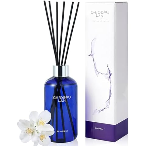 Chloefu Lan Jasmine Reéd Diffuser,8.1 oz Natural Essential Scented Oil with Diffuser Sticks,Blue Jar, Home & Office Decor Aromatherapy Diffuser Oil Gift Set Cover