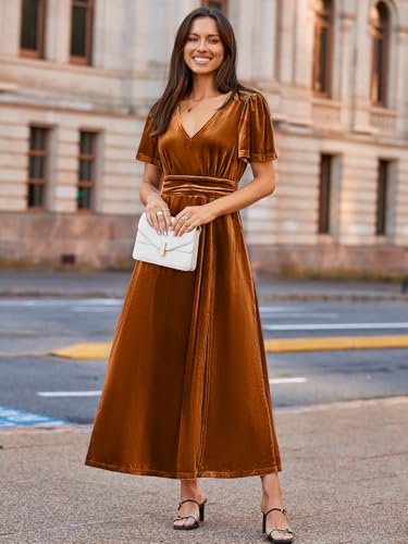 Image of Simplee Women's Velvet Maxi Dress V Neck Short Sleeve Empire Waist Semi Formal Long Cocktail Dresses