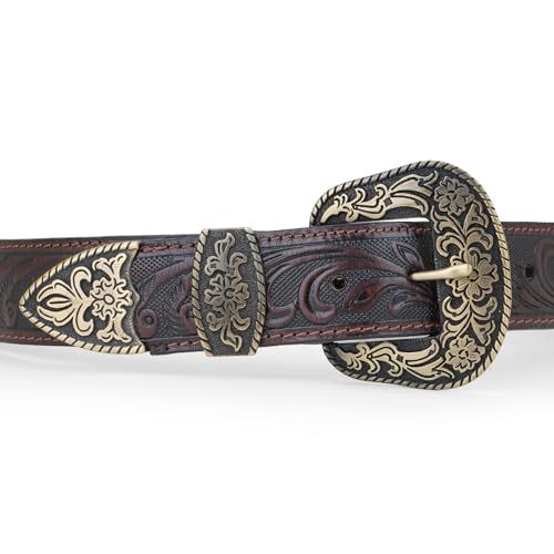 Image of Western Leather Belt for Men & Women, Floral Embossed Cowhide, Durable Rodeo Style for Jeans, Casual Wear & Country Outfits
