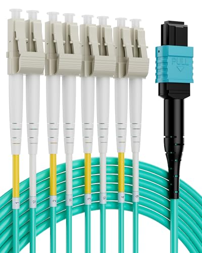 Image of MPO /MTP Fanout Fiber Patch Cable 3m /10ft, MPO /MTP to 8 X LC (4 Duplex), 10 /40 /100G QSFP+ OM3 8 Strands UPC Breakout Cable - Aqua 50 /125μm LSZH for Data Center Network Connectivity