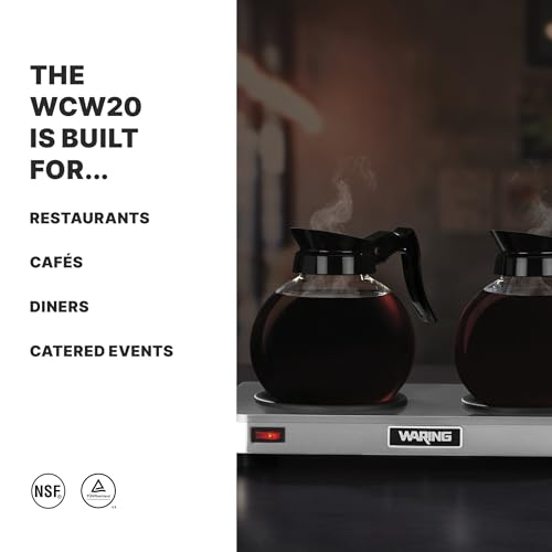 Image of Waring Commercial WCW20 Cafe Deco Double Coffee Carafe Warmer, 120V, 5-15 Phase Plug,Silver | Double Side-by-Side Burner, 70W Self-Regulating Heat Control, NSF Certified for Restaurants & Cafes