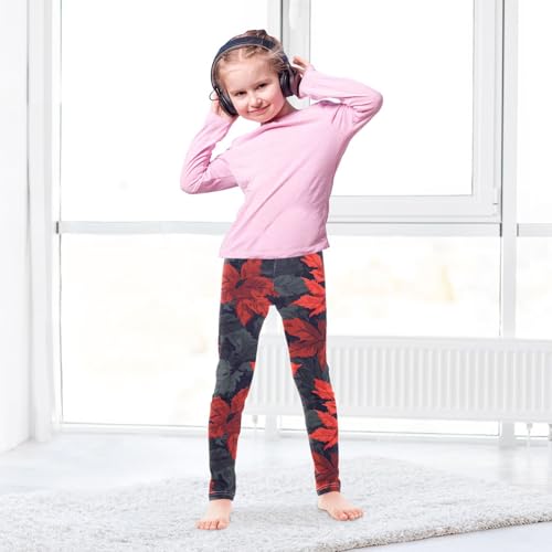 Maple Leaves Red Black Girls Leggings Soft Stretch Workout Yoga Dance Pants for Kids Casual Tights4