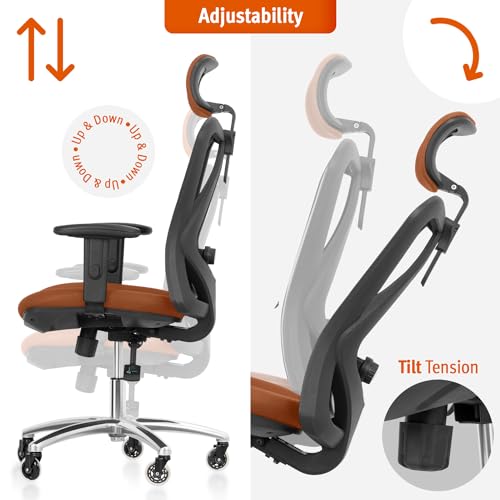 Image of Duramont Ergonomic Office Chair - Adjustable Desk Chair with Lumbar Support and Rollerblade Wheels - High Back Chairs with Breathable Mesh - Thick Seat Cushion, Head, and Arm Rests - Brown