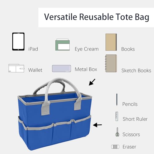 Image of Cupohus Art Organizer Craft Storage Tote Bag with Pockets and Hadles, Oxford Fabric Carrying Caddy for Teacher, Officer, Artist, Students, Traveler, and more - Blue with Grey Edge (Pack of 2)