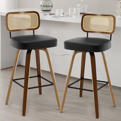Bekrvio Swivel Bar Stools Set of 2, Upholstered Faux Leather Barstools with Rattan Back, 29