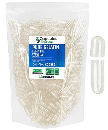 Capsules Express- Size 000 Clear Empty Gelatin Capsules 1000 Count - Kosher and Halal - Pure Gelatin Pill Capsule - DIY Powder Filling