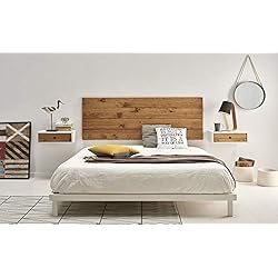 Cajones Flotantes Ikea HOGAR24 ES- Cabecero Acabado Madera Maciza Natural Encerada + 2 mesitas flotantes Blanco + Frente cajón Encerado. Medidas cabecero: 155 x 60 x 2 cm.