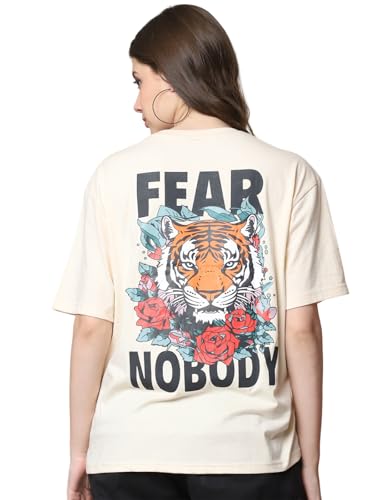 Image of Fabflee Oversized Cotton Baggy Drop Shoulder Graphic Tee with Half Sleeves | Korean Casual Loose T-Shirt for Women