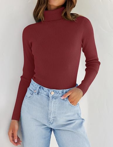 Image of ZESICA Women's Turtleneck Long Sleeve Shirts 2026 Spring Trendy Tops Slim Fitted Ribbed Knit Basic Casual Sweater
