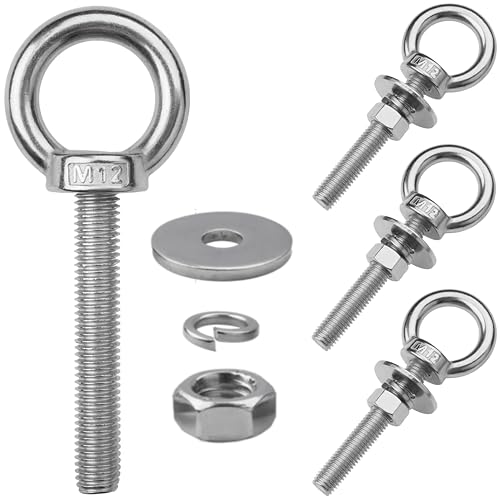 Image of 4 Pack M12 Stainless Steel Eye Bolts with Nuts, 1 /2 inch x 3 inch Eye Bolts | 304 Stainless Steel Eye Bolt,Eye Bolts Heavy Duty for Hang Tie Down Outdoor,1 /2 eye bolts with nuts,m12 eye bolts