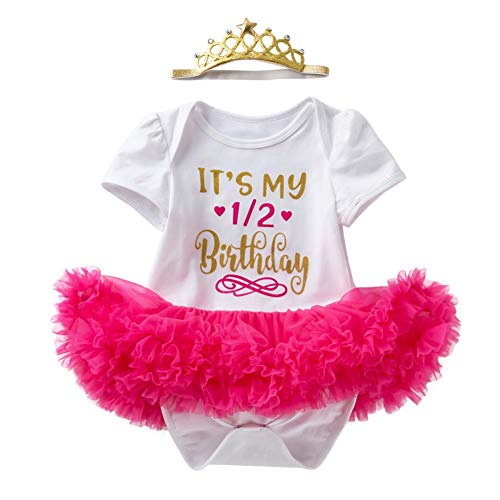 Its My 1/2 / 1st / 2nd Birthday Outfit Baby Girls Romper Tutu Dress with Ruffle Tulle Skirt + Shiny Crown Headband Cake Smash Dress Clothes 2PCS Set for Photo Shoot Hot Pink 1/2 Birthday 3-6 Months