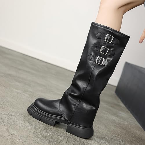 Women's Goth Platform Riding Boots Pull On Buckle Boots Fold Over Tall Knee High Boots Chunky Block Heel Round Toe Shoes4