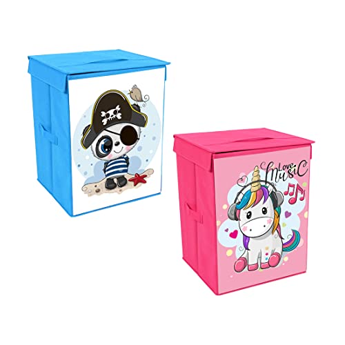 Image of PRETTY KRAFTS Foldable Storage Box with Lids,Large Fabric Storage Cube Toy Boxes Basket with 2 Handles for Wardrobe, Shelf Bedroom Office Nursery Playroom Toys 30 x 30 x 30 cm Set of 2-Pink and Blue