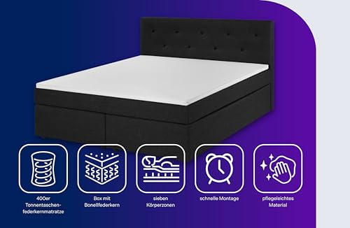 Traumnacht Boxspringbett, mit 7-Zonen Tonnentaschenfederkernmatratzen (H3) und Komfortschaumtopper, leichter Aufbau, produziert nach deutschem Qualitätsstandard, 140 x 200 cm in anthrazit