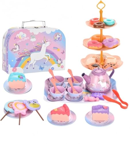 EZ週末アフタヌーンティーおもちゃおままごとティーセットおやつおもちゃごっこ遊び食器お茶お菓子ティーポットビスケットケーキデザートキャンディーデザートスタンド親子遊び知育玩具食べ物認知誕生日プレゼントお礼の品女の子クリスマス進学祝いギフト (ユニコーンのア
