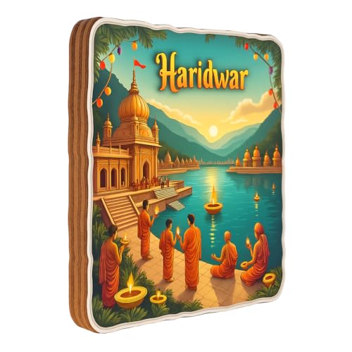 Image of Naxon Haridwar Theme Souvenir Wooden Fridge Magnet for Refrigerator - Printed Fridge Magnet for Kitchen & Home Decor | Perfect Souvenir Gift | Size 3x3 in | Pack of 1