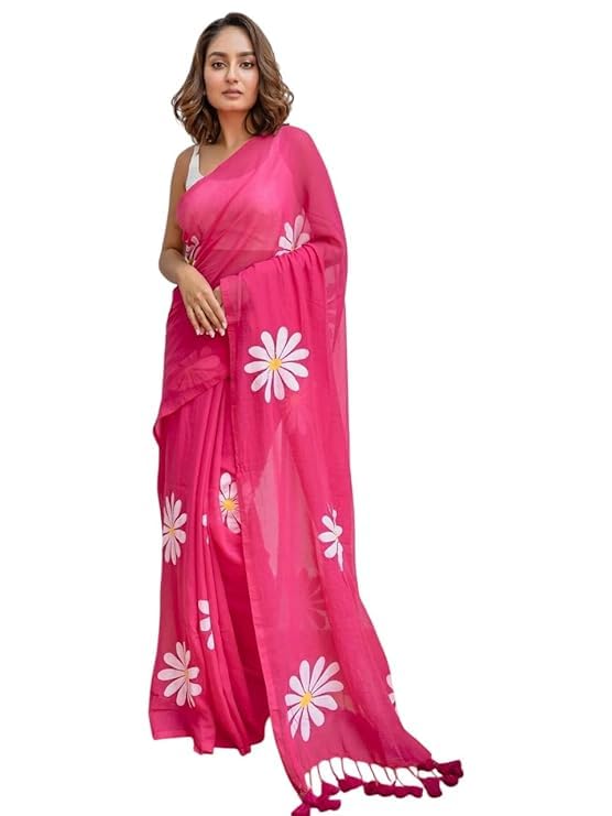 Rajeshwar Fashion (Women’s Linen Cotton saree with digital floral print and latkan work | casual wear | Linen cotton | flower design | Unstitched blouse |Mengo