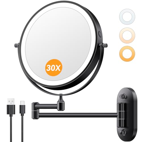 Auxmir 1X/30X Wall Mounted Lighted Makeup Mirror, 8' Rechargeable Double-Sided Magnifying Mirror with Light, Touch Dimmable 3 Color Light, 360° Rotation Foldable Extended Arm, Black