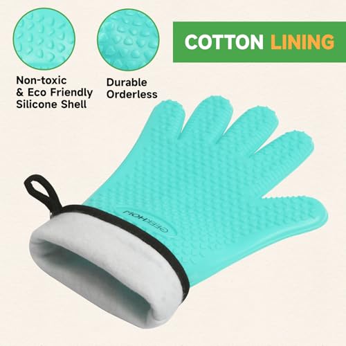 Image of GEEKHOM BBQ Gloves Heat Resistant Oven Mitts - Silicone Grilling Gloves with 13.7 inch Arm Protection - Waterproof Pot Holder Non-Slip for Men & Women, Kitchen Outdoor Cooking, Baking, Camping, Turquoise
