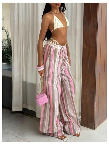 Women's Striped Linen Pants Wide Leg Drawstring Waist Beach Long Trousers3