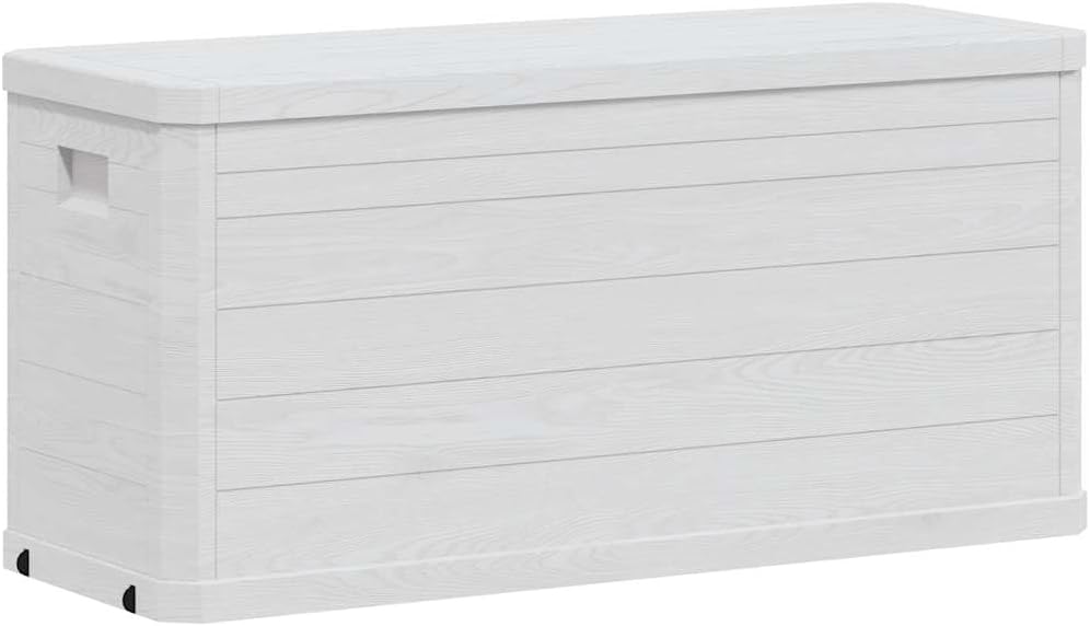 Light Grey Plastic Storage Box with Wood Texture Medium 74.6 Gallon Capacity Rectangular Outdoor Storage Chest for Patio, Deck, Garage, Indoor Use, Waterproof Deck Box