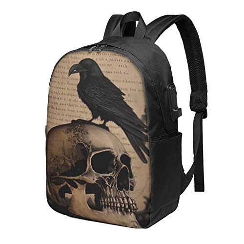 Edgar Allan Poe The Raven Skull Laptop Backpack, Travel Backpack with USB Charging Port, Computer Bag for Men Women
