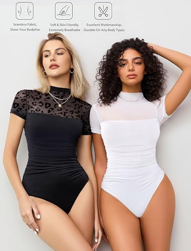 Image of Avidlove Women's Short Sleeve Bodysuit Turtle Neck Body Suits Mesh One Piece Leotard Going Out Tops Date Outfits