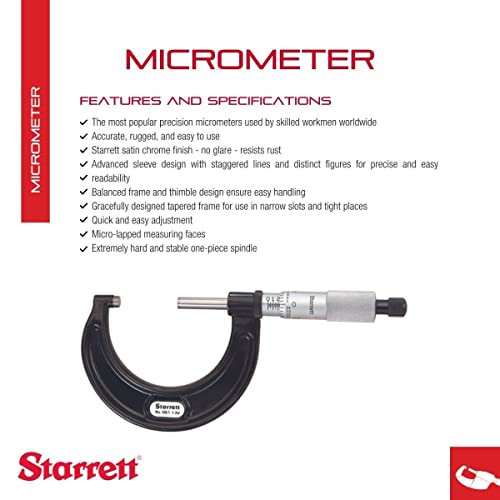 Starrett Outside Micrometer With One-Piece Spindle, Satin Chrome Finish And Advanced Sleeve Design - Quick And Easy Adjustment, 1-2 Inch Range, 001 Inch Graduations - 436.1Xrl-2 #TOP1