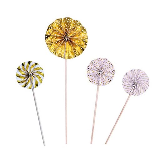 Födelsedagsfest baby shower tårta dekoration flaggor bröllop favor leveranser 4pcs / lot mini paper fan cake topper cupcake toppers barn Bröllopsdekorationer (Color : Gold)