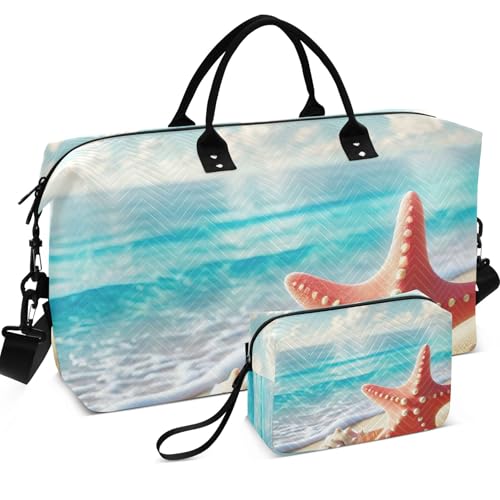 Coastal Starfish Seashell Travel Duffel Bag Toiletry Pouches Set of 2, Animal Print Luggage Bag Overnight Bags