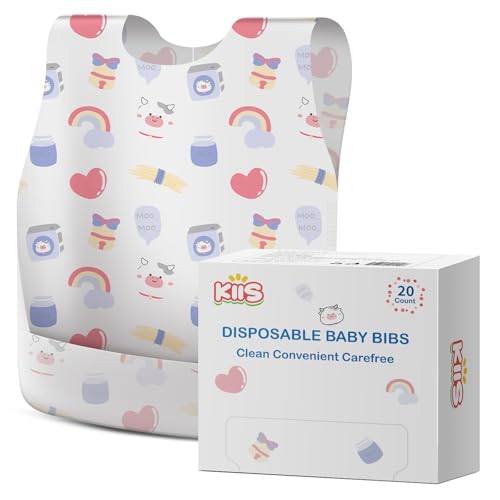 KIIS Disposable Baby Bibs Waterproof Baby Smock Bibs Extra Large Full Coverage for Toddlers & Kids Mess-Free Feeding for Travel & Daycare 20 Count Purple Baby Cow