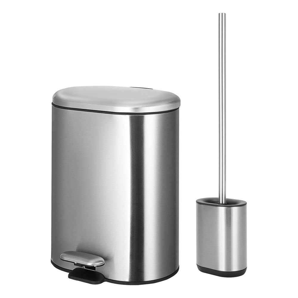 PANA 2-TLG. WC Garnitur Set • Badezimmer Set • WC-Abfalleimer/Kosmetikeimer 6 L mit Absenkautomatik aus Edelstahl • Toiletten-Bürste mit Silikonkopf • Farbe: Silber glänzend