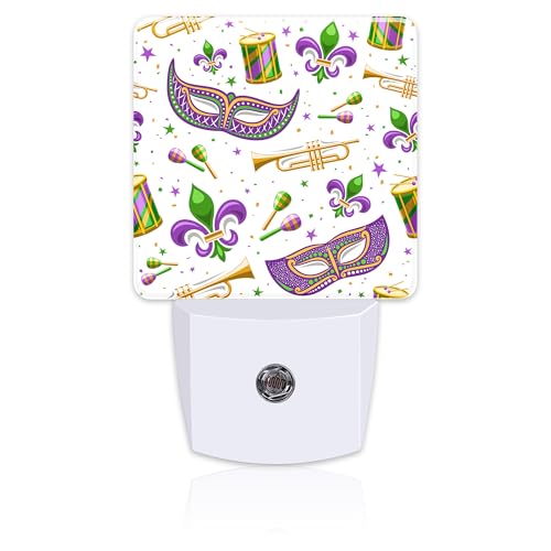 Image of Mardi Gras Carnival Night Light, Fleur De Lis Mask and Musical Instruments Dusk to Dawn Night Light Plug in,0.5w Energy Saving Sleep Friendly NightLight for Kids Boys Girls Home Decor