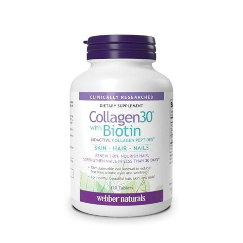 Webber Naturals Collagen30 avec biotine, 2 500 mg de peptides de collagène bioactifs avec 5 000 mcg de biotine par portion, 120 comprimés, pour une nutrition avancée de la peau, des cheveux et des