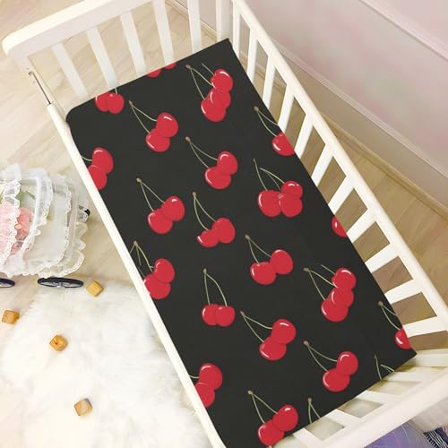 Image of Caikeny Fitted Crib Sheet for Boys Girls Red Cherry Black Baby Crib Sheets Bassinet Sheets Crib Mattress Bed Sheets for Toddler Newborn Infant 27 x 39 in