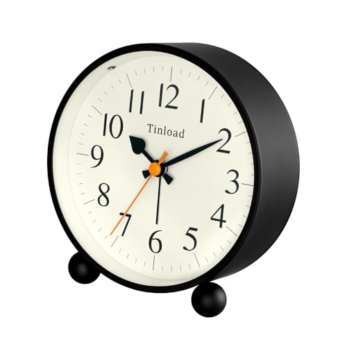 Image of Tinload 4.5 inch Vintage Retro Analog Alarm Clock, Super Silent Non Ticking Small Clock with Manual Light, Snooze, Battery Operated, for Living Room, Bedroom, Bedside, Desk(Black)