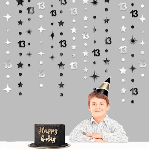 Image of Silver Black 13th Birthday Decorations Number 13 Circle Dot Twinkle Star Garland Hanging Streamer Bunting Banner Backdrop Girls Boys 13 Years Old Birthday Thirteen Official Teenager Party Supplies