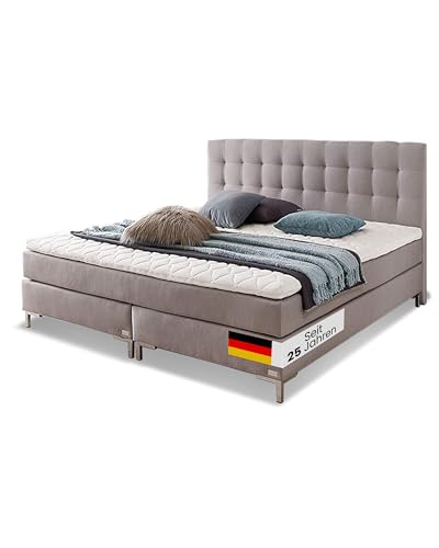 WELCON Rockstar Boxspringbett 180x200 cm Grau – Härtegrad H3 mittelhart (bis 90 kg), über 1000 Federn, Taschenfederkern Doppelbett