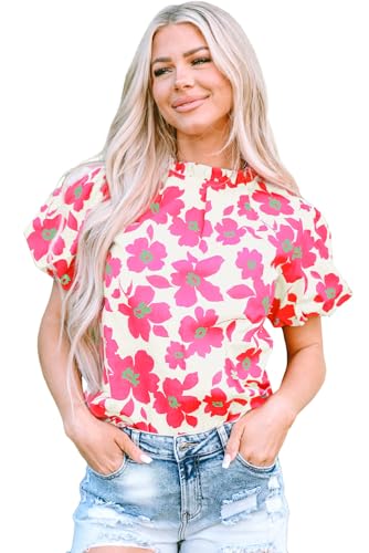 Elegant Women's Pink Frilled Neck Floral Blouse with Short Puff Sleeves