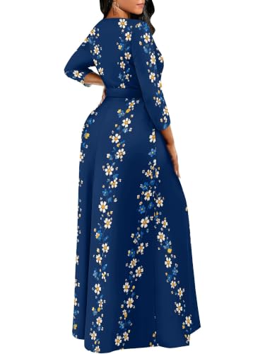 Image of Women Plus Size Long Sleeve V Neck Maxi Dress with Belt | Soft fabric relaxed fit three quarter sleeve v neck with pockets for party and daily wear