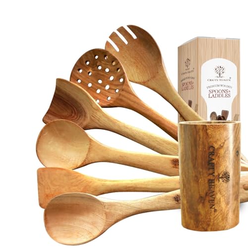 Image of Neem Wood Cooking Spatula Including Holder | Wooden Spoon | Ladles | Non-Stick Safe | Eco-Friendly | Durable | Heat-Resistant | Lakadi ka chamach | Made in India - Set of 7