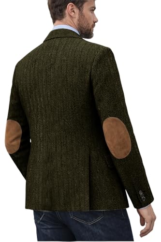 DRCUIVS Men's Herringbone Tweed Blazer Elbow Patch Business Casual Sport Coat Notch Lapel Single Breasted Tailored Suit Jacket for Wedding Travel Thanksgiving Dinner Party Olive Green Small