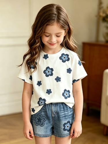 Image of Ayzozuy Kid Girl Clothes Shorts Set 2 Piece Outfits Summer Casual Short Sleeve Top and Shorts Set for Girls 4-7