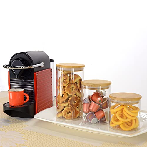 Kit contendo 03 potes de vidro Borossilicato com Tampa de Bambu
